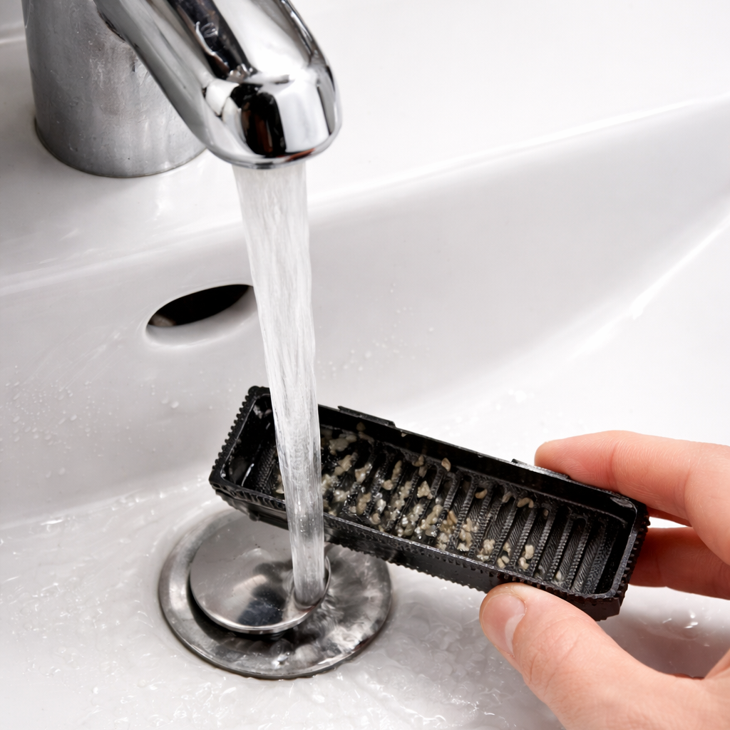 Person rinsing a black plastic cat scoop tray under running water from a faucet to show that it is easy cleanable