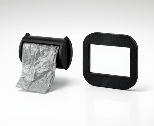 Modular black plastic bag holder with a crumpled silver bag on a white background, modern candinavian style.